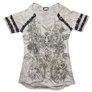 Daytrip Buckle Burnout Cross Top Size L | Lace Trim Graphic Short Sleeve